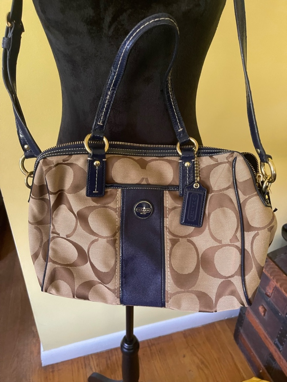 Coach Khaki Signature Canvas Satchel with Navy Trim